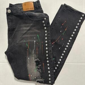 Jeans Wear mens Black painted & distressed Jeans /white stars along the seem 40